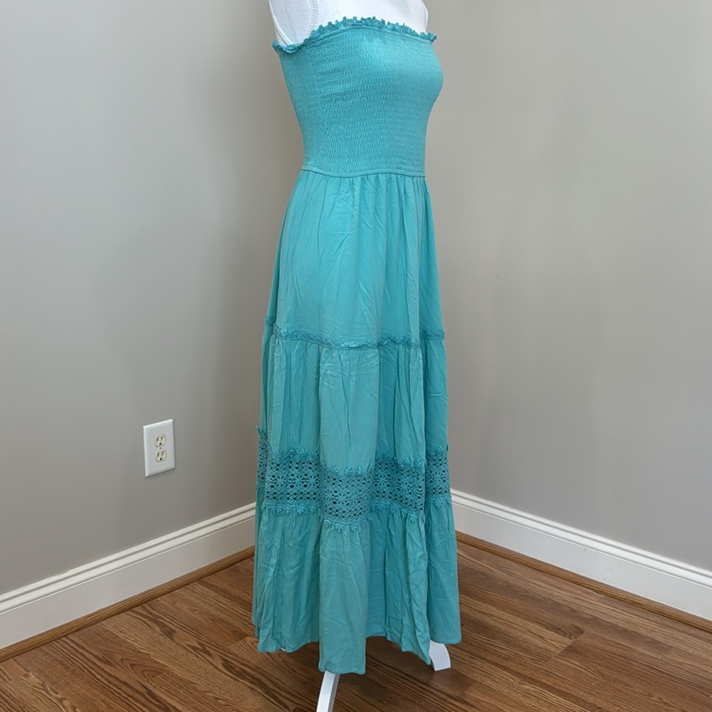 Light Turqouise Blue Strapless Maxi Dress with Smocked Bodice and Full Skirt - Picture 4 of 10